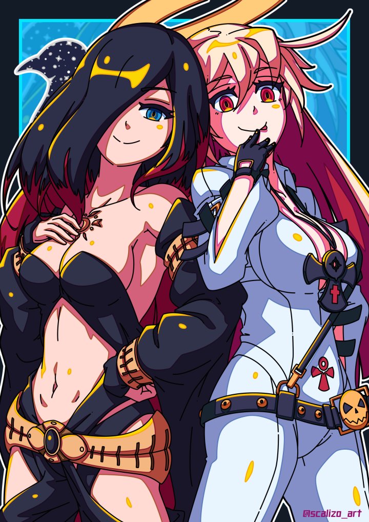 2girls animal armband belt belt_buckle bird black_clothes black_hair black_legwear black_nails black_panties blue_background blue_eyes breasts buckle crow crow_(gravity_daze) detached_sleeves formal gravity_daze gravity_daze_2 guilty_gear halo hands_on_hips hands_on_own_chest jack-o'_valentine jewelry jumpsuit long_hair looking_at_viewer medium_breasts multicolored_hair multiple_girls necklace panties red_eyes red_hair revealing_clothes scalizo suit tattoo two-tone_hair underwear white_hair white_suit xii_(gravity_daze)