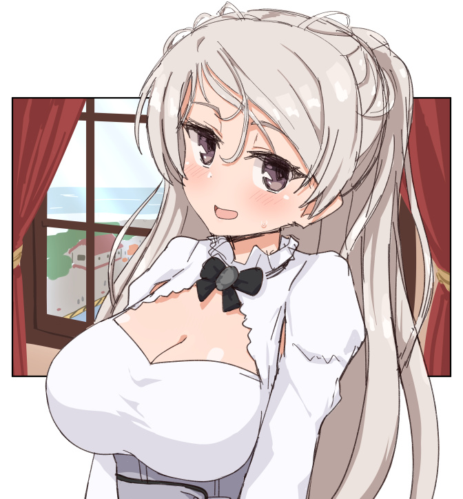 1girl armpit_cutout breasts brown_eyes cleavage_cutout clothing_cutout conte_di_cavour_(kancolle) dress junes kantai_collection large_breasts long_hair long_sleeves silver_hair solo two_side_up white_dress