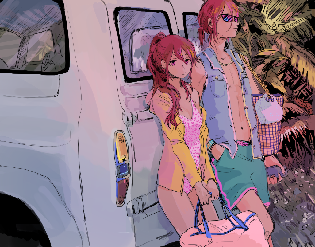1boy 1girl brother_and_sister free! jacket jewelry long_hair matsuoka_gou matsuoka_rin necklace off_shoulder one-piece_swimsuit pau ponytail red_eyes red_hair short_hair shorts siblings summer sunglasses swimsuit