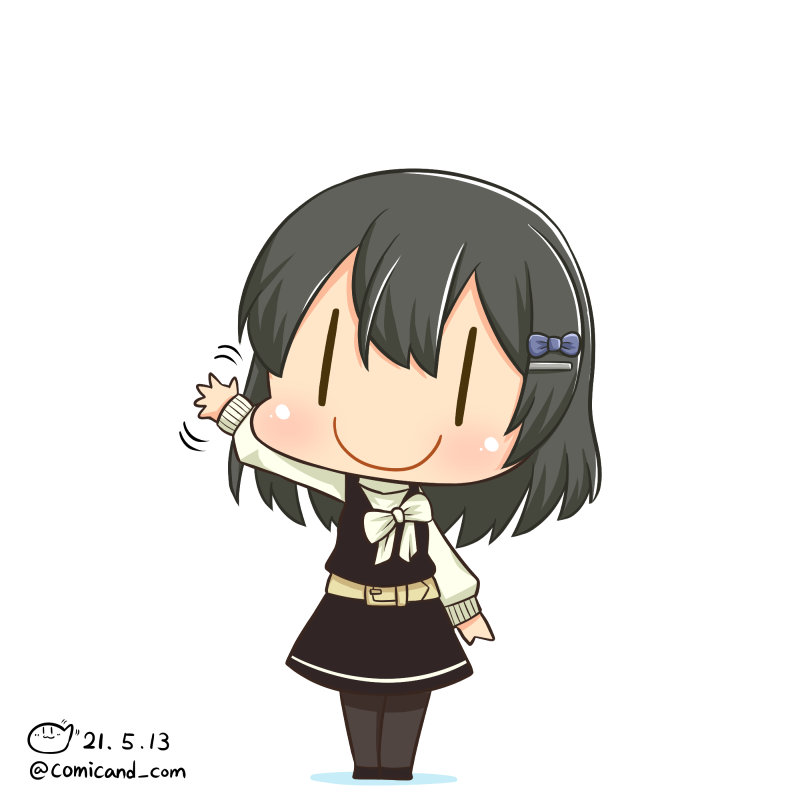 1girl artist_logo belt black_dress black_hair black_legwear blue_bow blush bow bowtie chibi closed_mouth commentary dated dated_commentary dress hair_bow hair_ornament hairclip kantai_collection long_hair long_sleeves mitsukoshi_(department_store) official_alternate_costume one-hour_drawing_challenge oyashio_(kancolle) pantyhose shadow shiromaru_(maniado) shirt simple_background sleeveless sleeveless_dress smile solo twitter_username waving white_background white_bow white_bowtie white_shirt |_|
