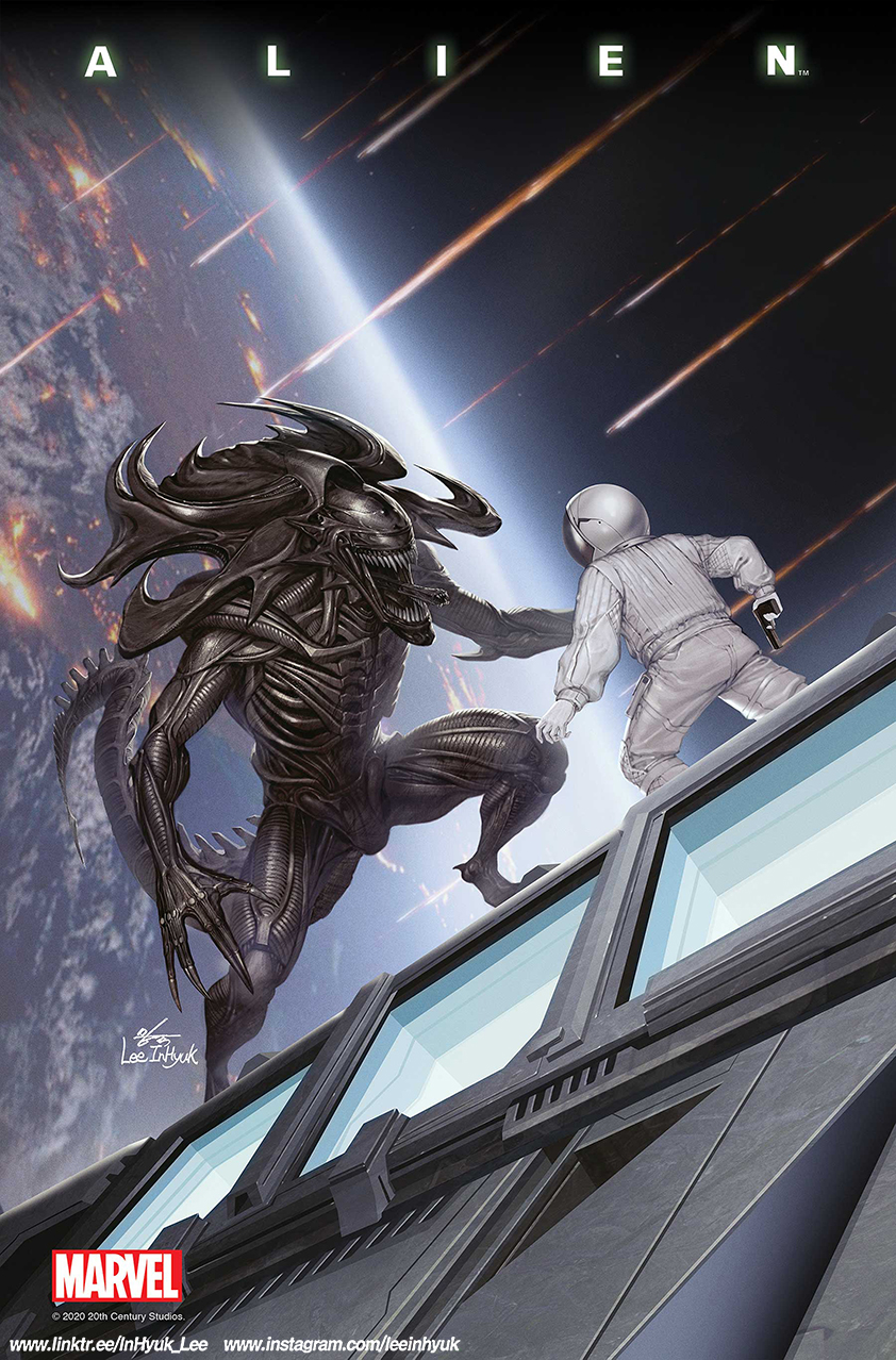 1boy alien alien_(movie) aliens astronaut claws exoskeleton fangs gun highres holding holding_gun holding_weapon in-hyuk_lee male_focus monster official_art open_mouth planet science_fiction space space_craft spacesuit spoilers star_(sky) tail teeth weapon weyland-yutani xenomorph