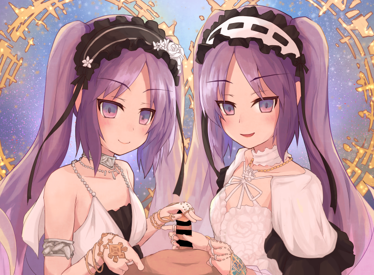 1boy 2girls armlet bangs bar_censor bare_shoulders blush bracelet breasts censored collarbone dress euryale_(fate) fate/hollow_ataraxia fate_(series) ffm_threesome frilled_hairband frills group_sex hairband halo handjob hetero jewelry long_hair looking_at_viewer lypele multiple_girls multiple_handjob neck_ring open_mouth parted_bangs penis purple_eyes purple_hair ring sidelocks small_breasts smile stheno_(fate) threesome twintails very_long_hair white_dress