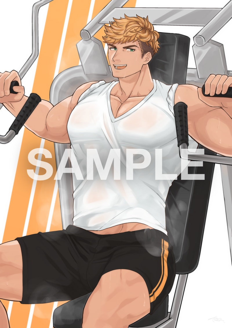 1boy alternate_pectoral_size bangs bara bare_arms bare_shoulders black_shorts blonde_hair blush breath bulge clothes_lift commission granblue_fantasy gym gym_shorts harada_(basashi) large_pectorals looking_at_viewer male_focus midriff_peek muscular muscular_male open_mouth pectoral_cleavage pectorals sample see-through shirt shirt_lift short_hair shorts sideburns skeb_commission smile solo sweat tied_sleeves undercut vane_(granblue_fantasy) watermark weightlifting wet wet_clothes wet_shirt white_shirt