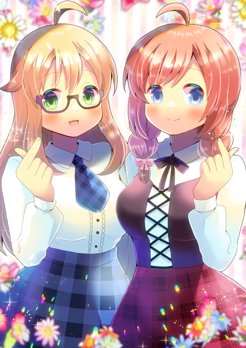 2girls :d ahoge bangs blonde_hair blue_eyes blue_necktie blue_skirt blurry blurry_background blush borrowed_character bow braid breasts brown-framed_eyewear closed_mouth collared_shirt commentary_request commission copyright_request depth_of_field dress_shirt eyebrows_visible_through_hair finger_heart floral_background gingham gingham_necktie glasses green_eyes hair_between_eyes hair_bow hand_up kou_hiyoyo long_hair long_sleeves medium_breasts multiple_girls neckerchief necktie orange_hair original pink_bow plaid plaid_neckwear plaid_skirt puffy_long_sleeves puffy_sleeves red_skirt semi-rimless_eyewear shirt skeb_commission skirt smile striped striped_background twin_braids under-rim_eyewear vertical_stripes very_long_hair white_shirt