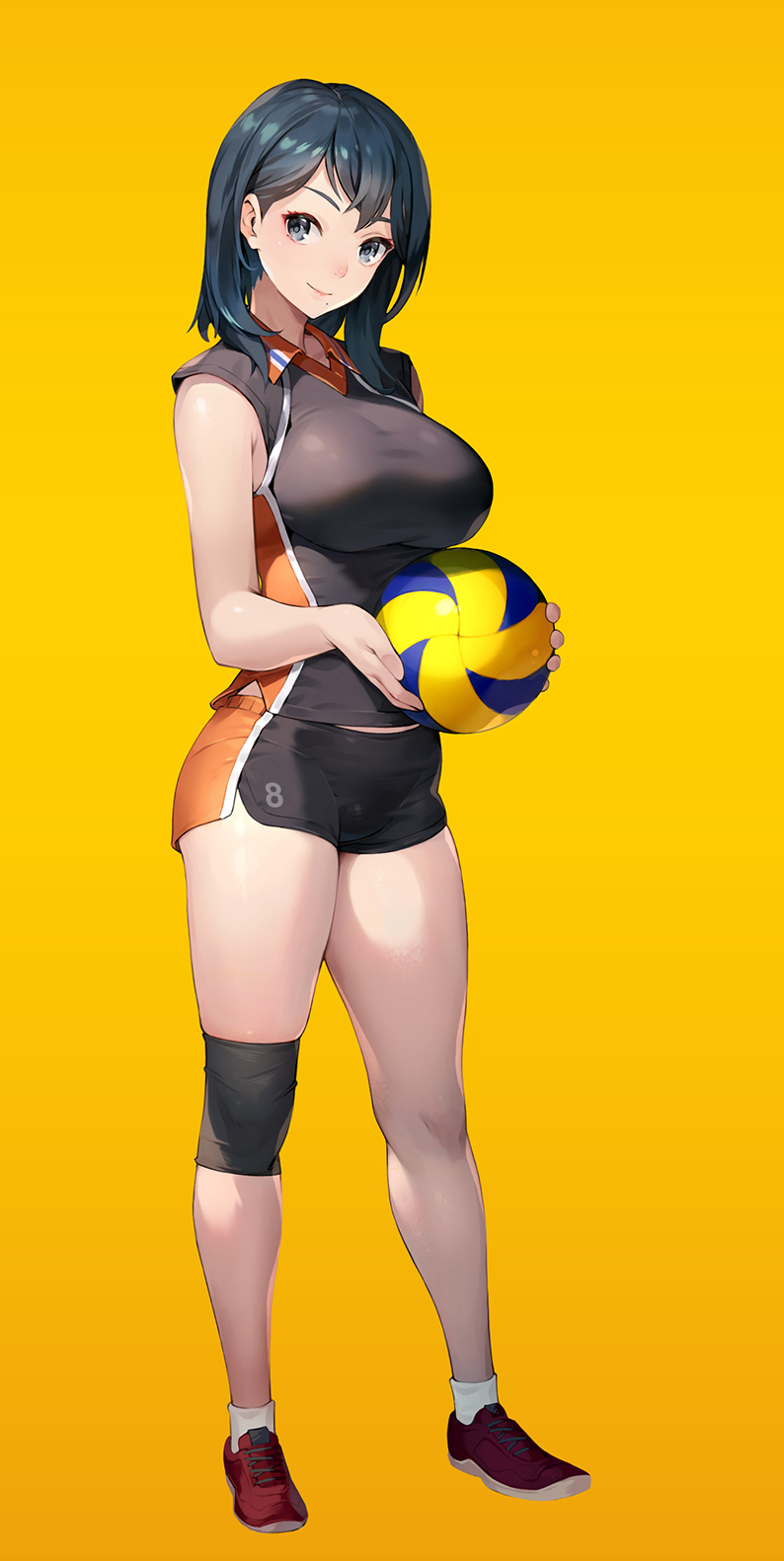 1girl ball bangs black_eyes black_hair breasts closed_mouth coon dolphin_shorts full_body haikyuu!! highres holding holding_ball knee_pads looking_at_viewer medium_breasts mole mole_under_mouth red_footwear shimizu_kiyoko shirt shorts single_knee_pad smile solo sportswear standing volleyball volleyball_uniform yellow_background