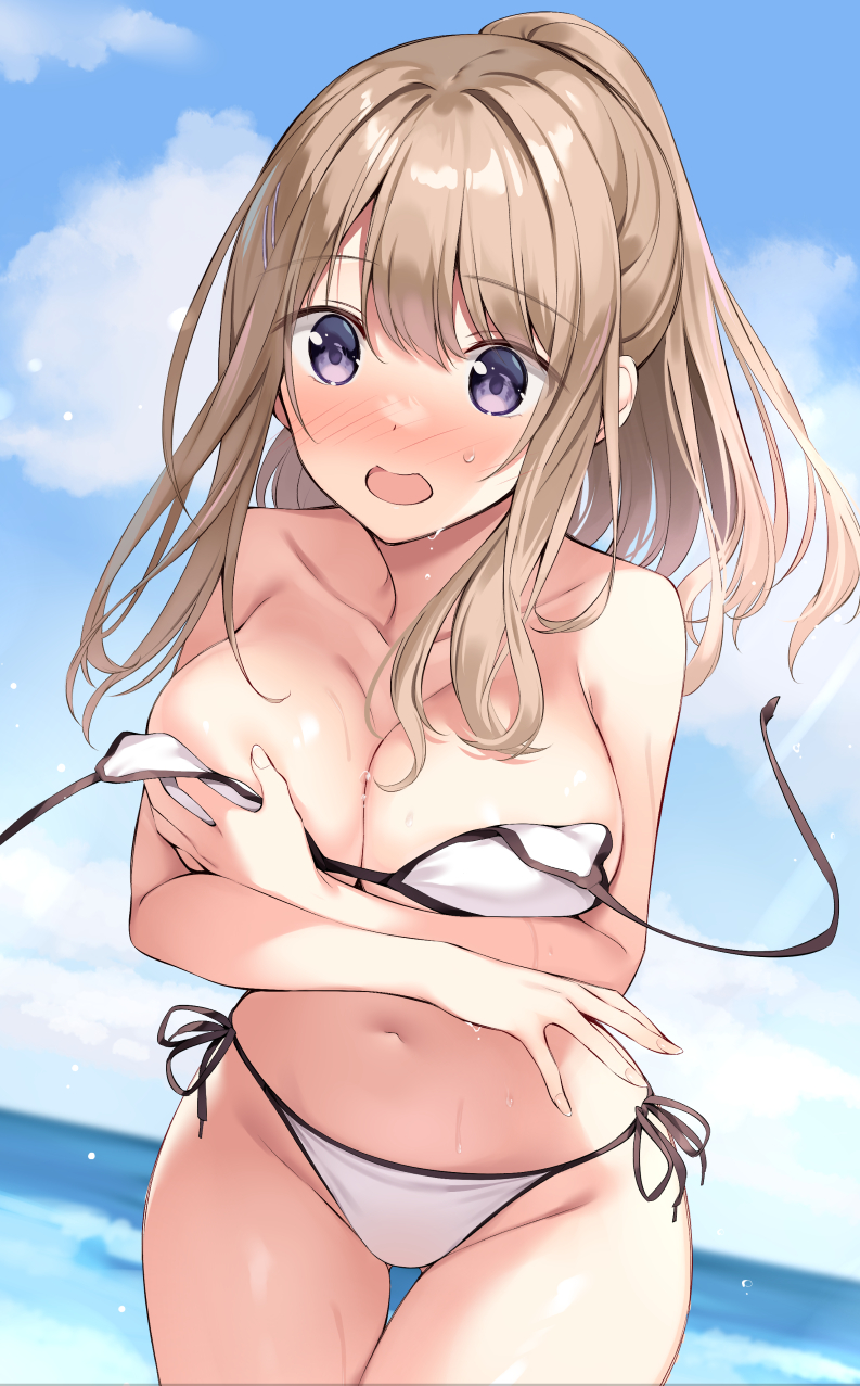 1girl ass_visible_through_thighs bare_arms bare_shoulders bikini blush breasts brown_hair cleavage collarbone commentary covering covering_breasts cowboy_shot embarrassed groin hair_ornament hairclip halterneck highres large_breasts long_hair looking_at_viewer navel nose_blush open_mouth original oryou ponytail purple_eyes side-tie_bikini sidelocks solo stomach string_bikini swimsuit symbol-only_commentary thigh_gap thighs wardrobe_malfunction wet white_bikini