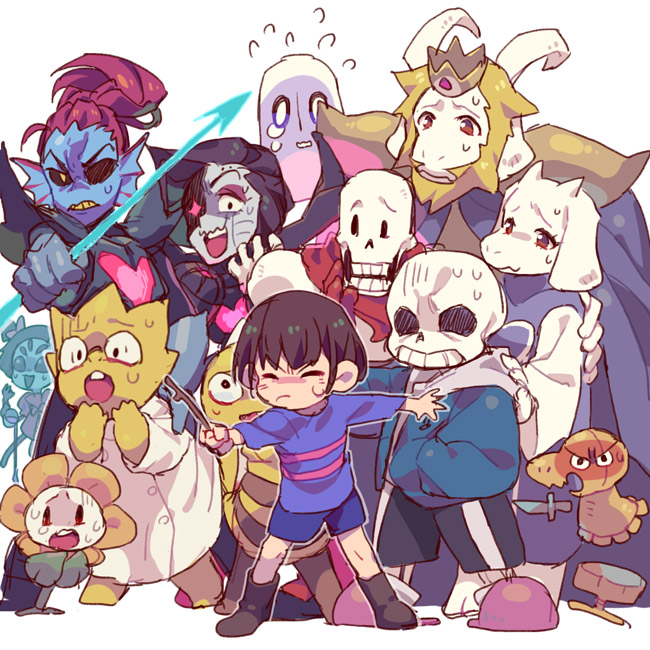 =_= alphys angry asgore_dreemurr bangs boots brown_footwear crying everyone eyepatch flowey_(undertale) frisk_(undertale) holding holding_stick long_sleeves looking_at_another mettaton_ex monster_boy monster_girl monster_kid_(undertale) muffet napstablook open_mouth papyrus_(undertale) pointing purple_shirt purple_shorts robot sans shirt short_hair shorts simple_background standing stick striped striped_shirt sweat sweatdrop tenya_mizuki toriel undertale undyne white_background