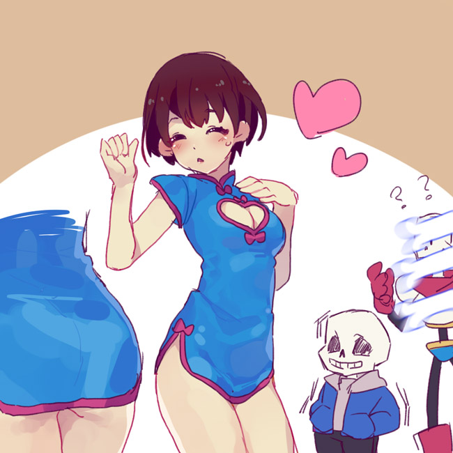 1other 2boys =_= ? ?? bangs black_pants blue_jacket blue_shirt blush breasts brown_hair china_dress chinese_clothes cleavage_cutout clothing_cutout dress frisk_(undertale) hand_on_own_chest hand_up heart jacket medium_breasts multiple_boys multiple_views no_pants open_mouth pants papyrus_(undertale) sans shirt short_hair short_sleeves simple_background skeleton standing sweatdrop tenya_mizuki undertale upper_body white_background
