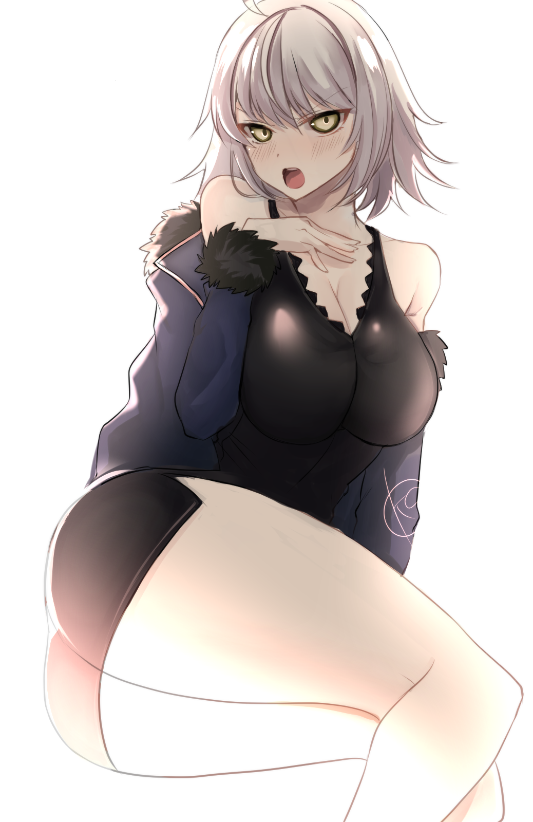 1girl ass bangs bare_shoulders black_dress blue_coat blush breasts cleavage coat collarbone dress fate/grand_order fate_(series) fur-trimmed_coat fur_trim highres jeanne_d'arc_(alter)_(fate) jeanne_d'arc_(fate) kankitsu_kei large_breasts long_sleeves looking_at_viewer off_shoulder open_clothes open_coat open_mouth short_dress short_hair silver_hair solo thighs wicked_dragon_witch_ver._shinjuku_1999 yellow_eyes