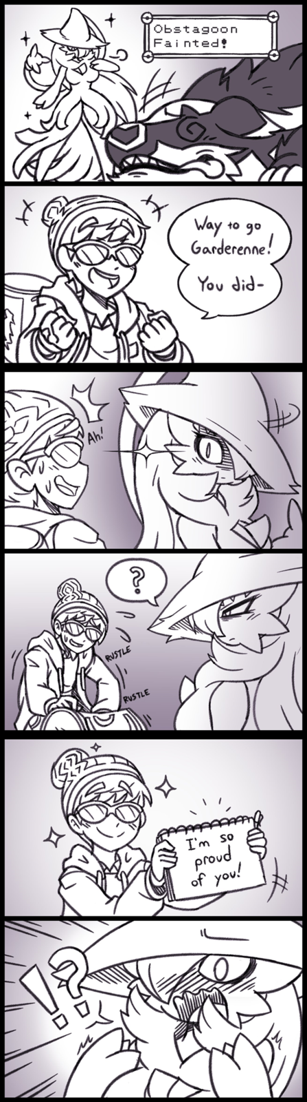 !? 1boy 1girl ? angry bag bags_under_eyes beanie blush breasts cable_knit english_text fainted fusion garderenne_(rakkuguy) gardevoir glaring glasses hair_over_one_eye hat hatterene highres large_breasts looking_back narrowed_eyes notepad obstagoon open_mouth pokemon pokemon_(creature) pokemon_(game) pokemon_swsh rakkuguy speech_bubble surprised sweatdrop victor_(pokemon) writing