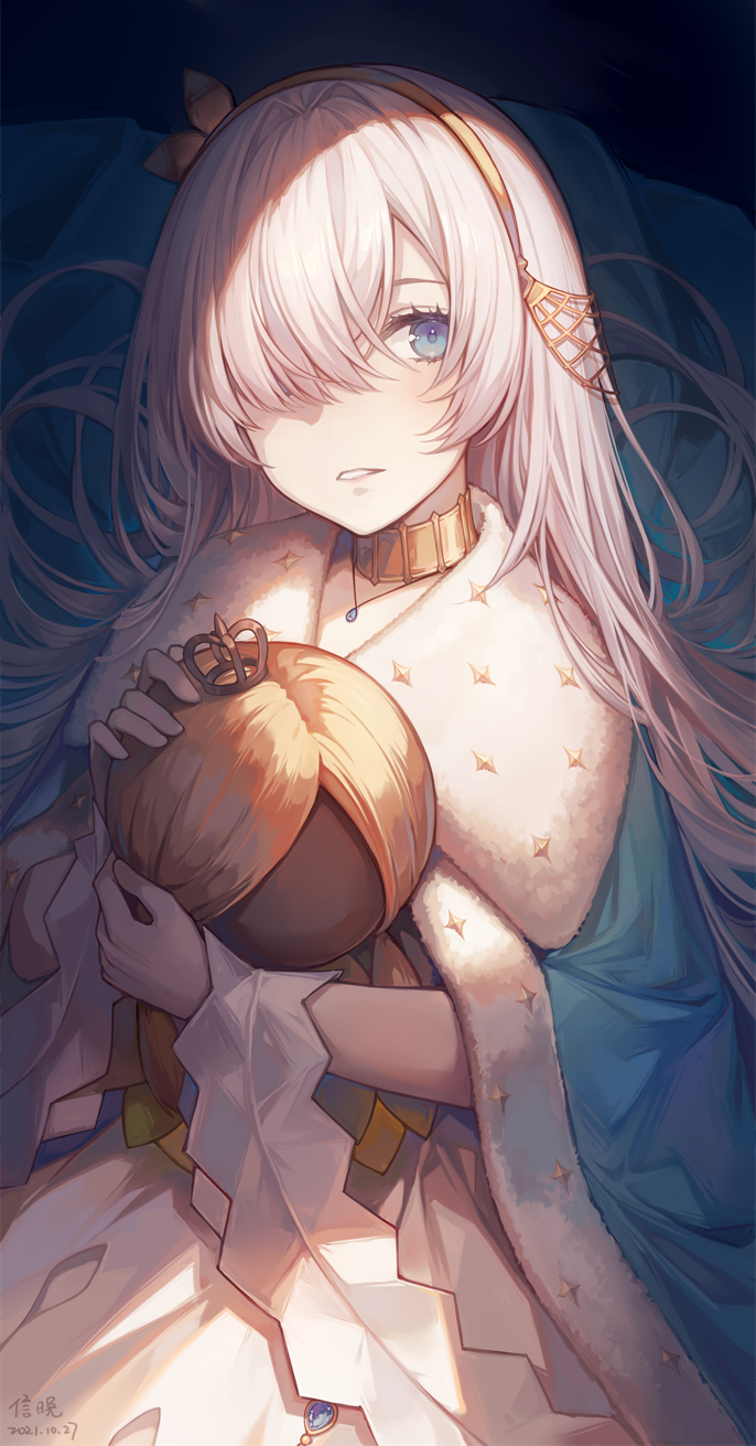 1girl anastasia_(fate) ayuanlv blue_eyes cape dated doll dress fate/grand_order fate_(series) fur-trimmed_cape fur_trim hair_over_one_eye hairband highres jewelry long_hair pendant signature silver_hair