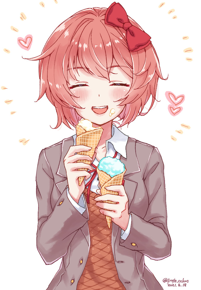 1girl blazer blush bow brown_jacket closed_eyes doki_doki_literature_club eating food food_on_face happy heart ice_cream ice_cream_cone ice_cream_on_face jacket little_colors red_bow red_ribbon ribbon sayori_(doki_doki_literature_club) school_uniform short_hair smile solo