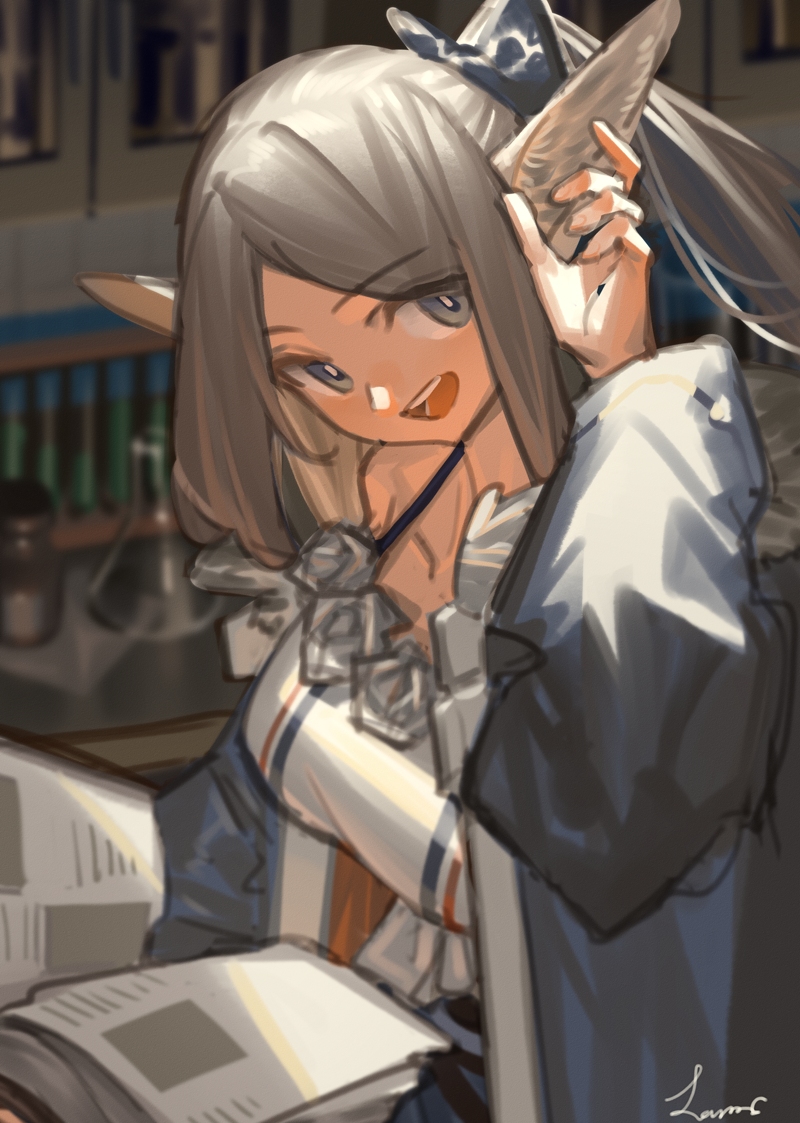 1girl animal_ears arknights blue_bow blue_jacket blurry book bow brown_hair commentary_request depth_of_field dress fox_ears hair_bow holding holding_book indoors jacket lanzi_(415460661) looking_at_viewer open_book open_clothes open_jacket open_mouth perfumer_(arknights) ponytail sidelocks signature sketch solo teeth upper_body upper_teeth white_dress