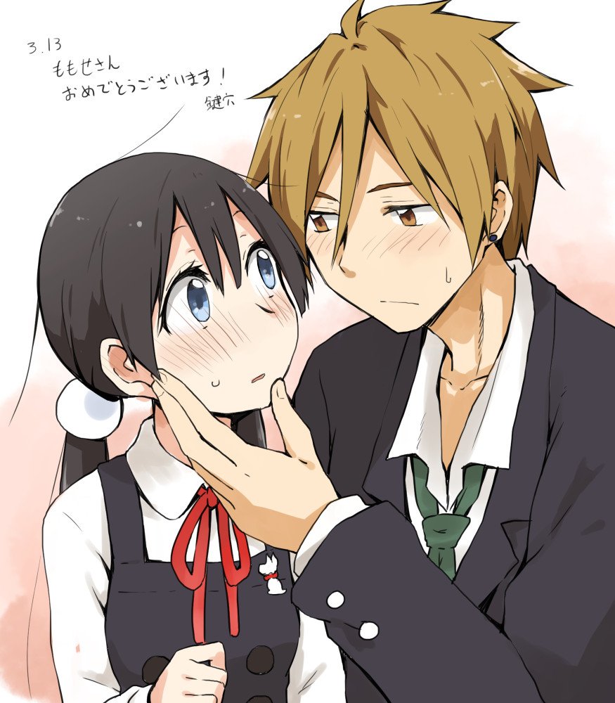 1boy 1girl black_hair blonde_hair blush closed_mouth couple earrings hair_ornament hetero jewelry kagiana kitashirakawa_tamako long_hair necktie ooji_mochizou open_mouth simple_background tamako_market twintails