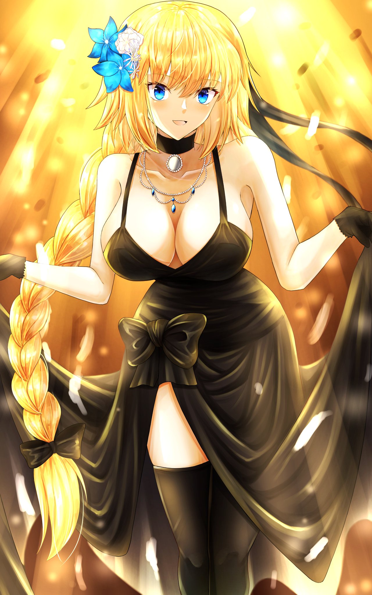 1girl bangs bare_shoulders black_dress black_gloves black_legwear blonde_hair blue_eyes blush braid braided_ponytail breasts choker cleavage collarbone commentary_request dress fate/apocrypha fate/grand_order fate_(series) flower gloves hair_flower hair_ornament heroic_spirit_formal_dress highres ilsa34660285 jeanne_d'arc_(fate) jeanne_d'arc_(fate/apocrypha) jewelry large_breasts long_hair looking_at_viewer necklace open_mouth smile solo thighhighs thighs very_long_hair