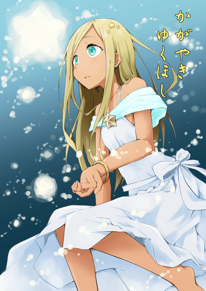 1girl aqua_eyes blonde_hair breasts commentary_request dark-skinned_female dark_skin dress idolmaster idolmaster_cinderella_girls kagiana layla_(idolmaster) long_hair open_mouth snow solo star_(symbol)