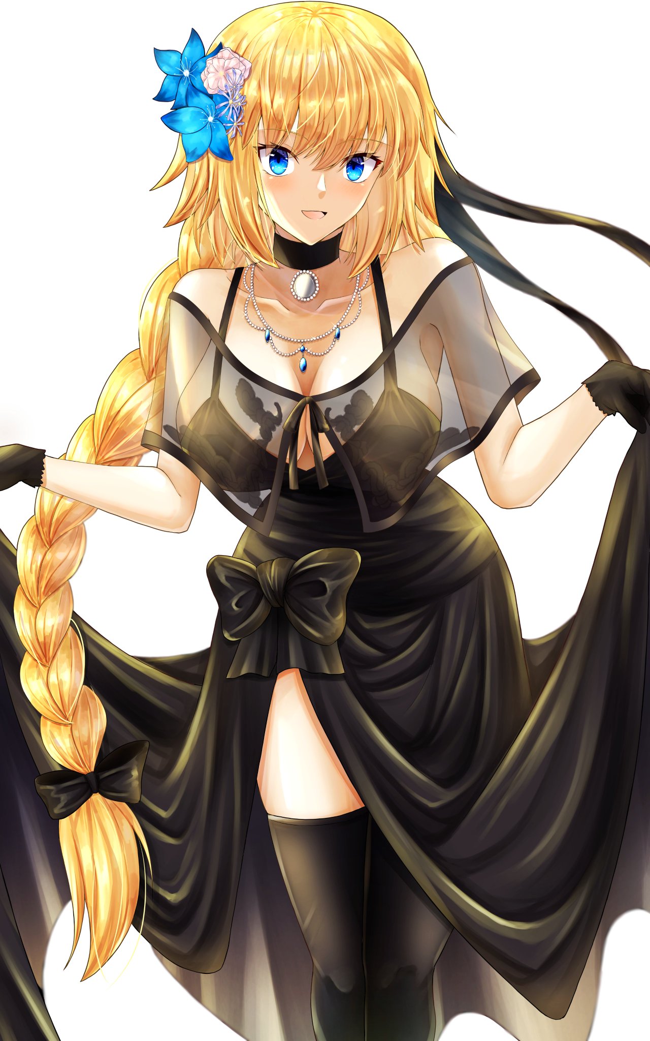1girl bangs bare_shoulders black_dress black_gloves black_legwear blonde_hair blue_eyes blush braid braided_ponytail breasts choker cleavage collarbone commentary_request dress fate/apocrypha fate/grand_order fate_(series) flower gloves hair_flower hair_ornament heroic_spirit_formal_dress highres ilsa34660285 jeanne_d'arc_(fate) jeanne_d'arc_(fate/apocrypha) jewelry large_breasts long_hair looking_at_viewer necklace open_mouth smile solo thighhighs thighs very_long_hair white_background