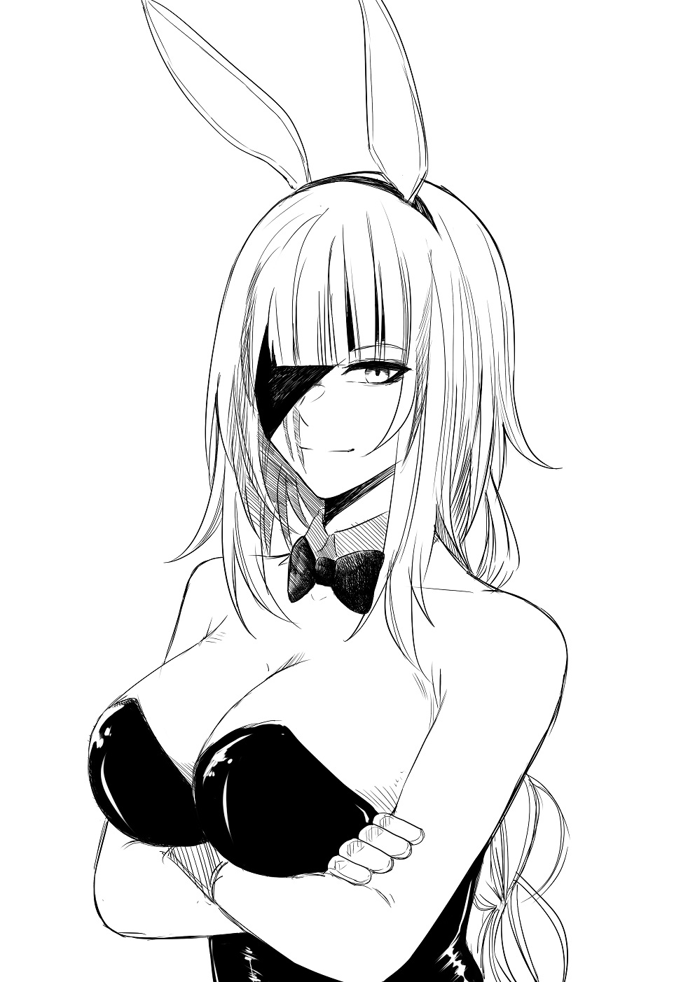 1girl animal_ears blush breasts cleavage commentary crossed_arms fake_animal_ears girls'_frontline gloves greyscale highres long_hair looking_at_viewer m16a1_(boss)_(girls'_frontline) m16a1_(girls'_frontline) monochrome playboy_bunny rabbit_ears reizo_ne scar simple_background smile solo symbol-only_commentary white_background