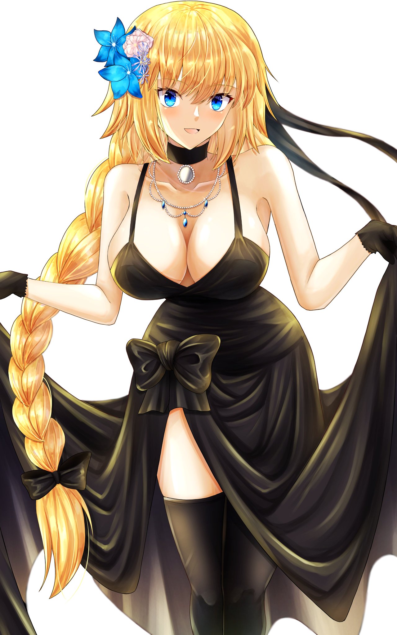 1girl bangs bare_shoulders black_dress black_gloves black_legwear blonde_hair blue_eyes blush braid braided_ponytail breasts choker cleavage collarbone commentary_request dress fate/apocrypha fate/grand_order fate_(series) flower gloves hair_flower hair_ornament heroic_spirit_formal_dress highres ilsa34660285 jeanne_d'arc_(fate) jeanne_d'arc_(fate/apocrypha) jewelry large_breasts long_hair looking_at_viewer necklace open_mouth smile solo thighhighs thighs very_long_hair white_background