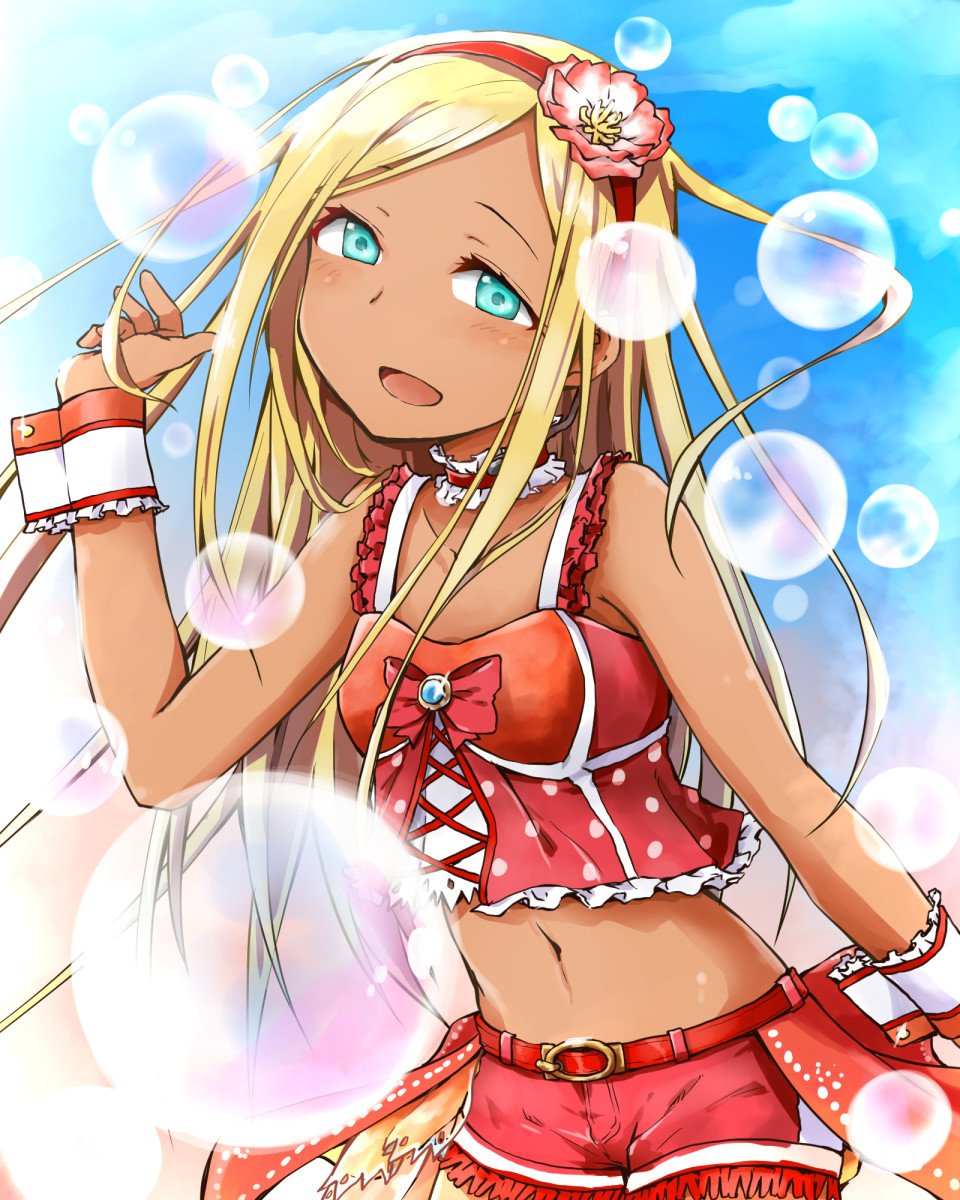 1girl :d aqua_eyes bare_shoulders belt belt_buckle blonde_hair bubble buckle choker collarbone cowboy_shot crop_top dark-skinned_female dark_skin flower frilled_choker frilled_shirt frills fringe_trim hairband hand_up highres idolmaster idolmaster_cinderella_girls kagiana layla_(idolmaster) long_hair looking_at_viewer microphone navel open_mouth red_belt red_choker red_hairband red_shirt red_shorts shirt shorts smile solo straight_hair tank_top tareme wrist_cuffs