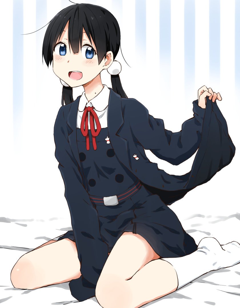 1girl black_hair blue_eyes blush hair_ornament kagiana kitashirakawa_tamako long_hair looking_at_viewer mole mole_on_neck open_mouth smile socks solo tamako_market twintails