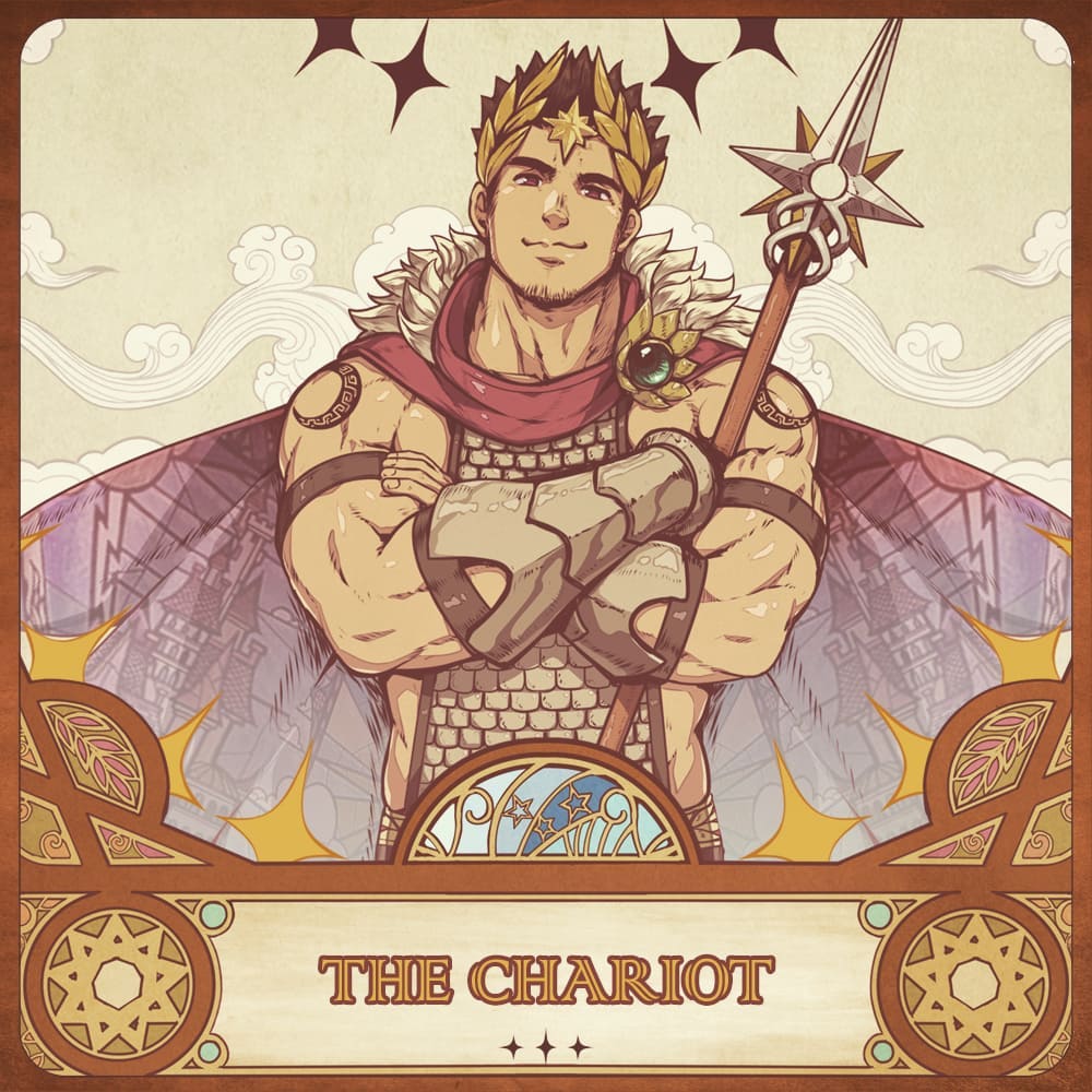 1boy arm_tattoo armor bara bare_arms cape card_(medium) crossed_arms crown facial_hair fur-trimmed_cape fur_trim goatee holding holding_polearm holding_weapon laurel_crown looking_at_viewer male_focus mazjojo muscular muscular_male original polearm red_cape solo star_(symbol) tarot tattoo the_chariot_(tarot) upper_body vambraces weapon