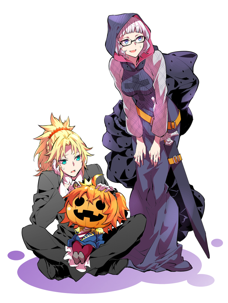 3girls ahoge black_footwear black_jacket black_pants commentary_request eyebrows_visible_through_hair fate/grand_order fate_(series) fujimaru_ritsuka_(female) glasses gloves green_eyes hair_ornament hair_scrunchie halloween_royalty hand_on_another's_head hands_on_own_knees heroic_spirit_formal_dress indian_style jack-o'-lantern jacket jacques_de_molay_(foreigner)_(fate) kotobuki_toro leaning_forward looking_to_the_side mordred_(fate) mordred_(fate/apocrypha) multiple_girls orange_hair pants scrunchie shirt side_ponytail sitting smile sweatdrop white_background white_gloves white_shirt