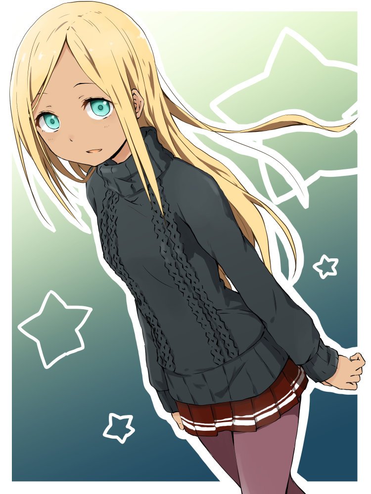 1girl aqua_eyes blonde_hair blue_eyes dark-skinned_female dark_skin idolmaster idolmaster_cinderella_girls kagiana layla_(idolmaster) long_hair looking_at_viewer open_mouth pantyhose skirt smile solo star_(symbol) sweater turtleneck turtleneck_sweater