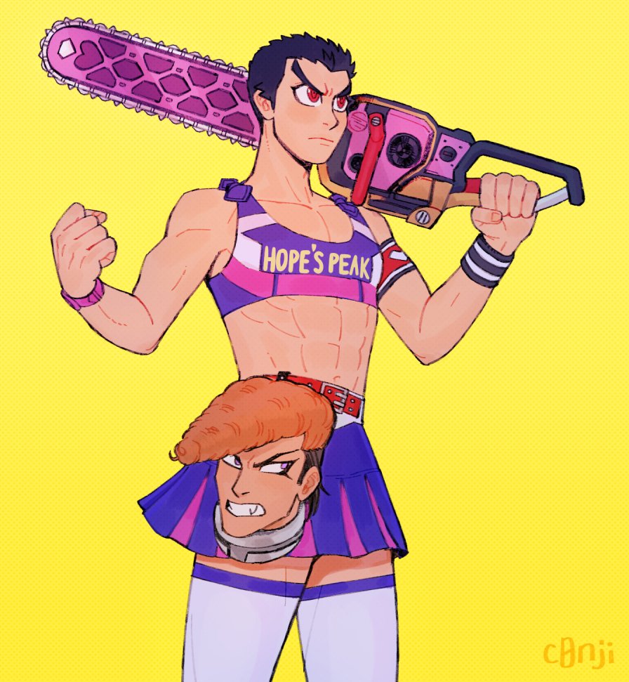 2boys abs bare_shoulders belt black_hair blue_skirt c0nmeat chainsaw cheerleader clenched_teeth closed_mouth collarbone cosplay crossdressing danganronpa_(series) disembodied_head juliet_starling juliet_starling_(cosplay) lollipop_chainsaw male_focus midriff multiple_boys pink_eyes pink_skirt pompadour red_belt red_eyes serious short_hair simple_background skirt teeth thighhighs two-tone_skirt white_legwear yellow_background
