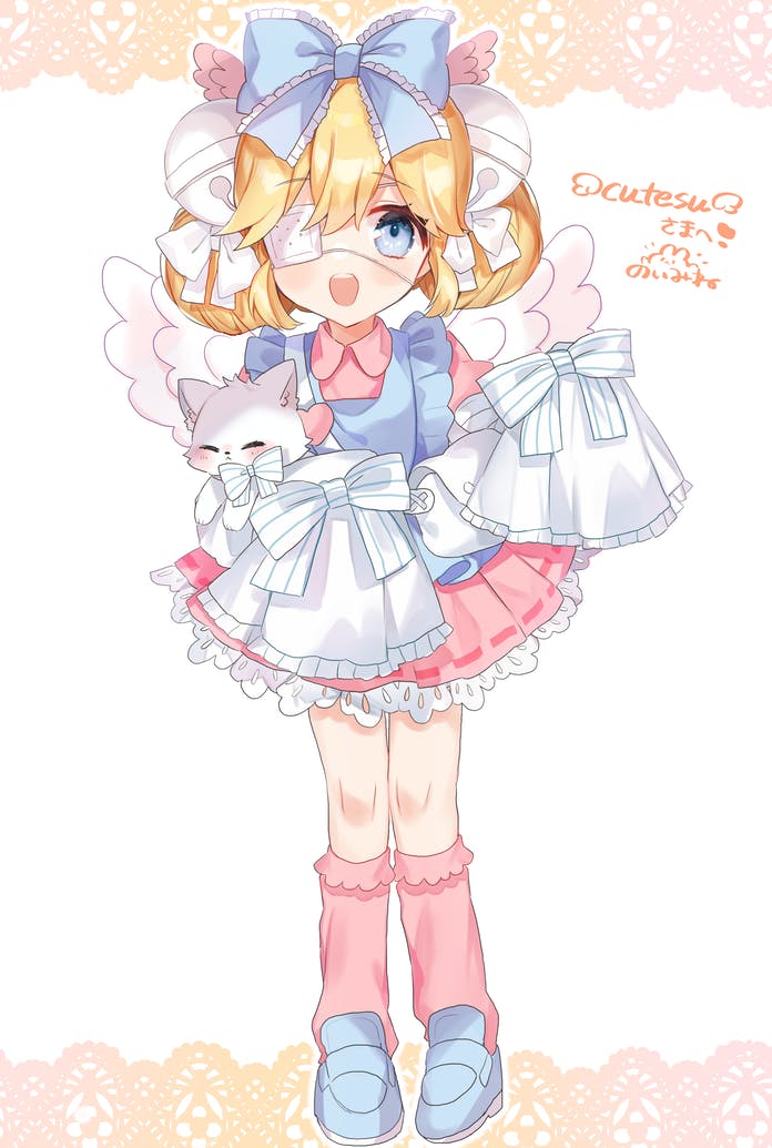 1girl :d animal apron bell blonde_hair blue_apron blue_bow blue_eyes blue_footwear blush bow cat commission cutesu_(cutesuu) dress eyepatch frilled_bow frills full_body hair_bell hair_bow hair_ornament holding holding_animal holding_cat jingle_bell long_sleeves looking_at_viewer medical_eyepatch medium_hair noi_mine one_eye_covered original pigeon-toed pink_dress pink_legwear shoes skeb_commission sleeves_past_fingers sleeves_past_wrists smile solo striped striped_bow white_bow wide_sleeves