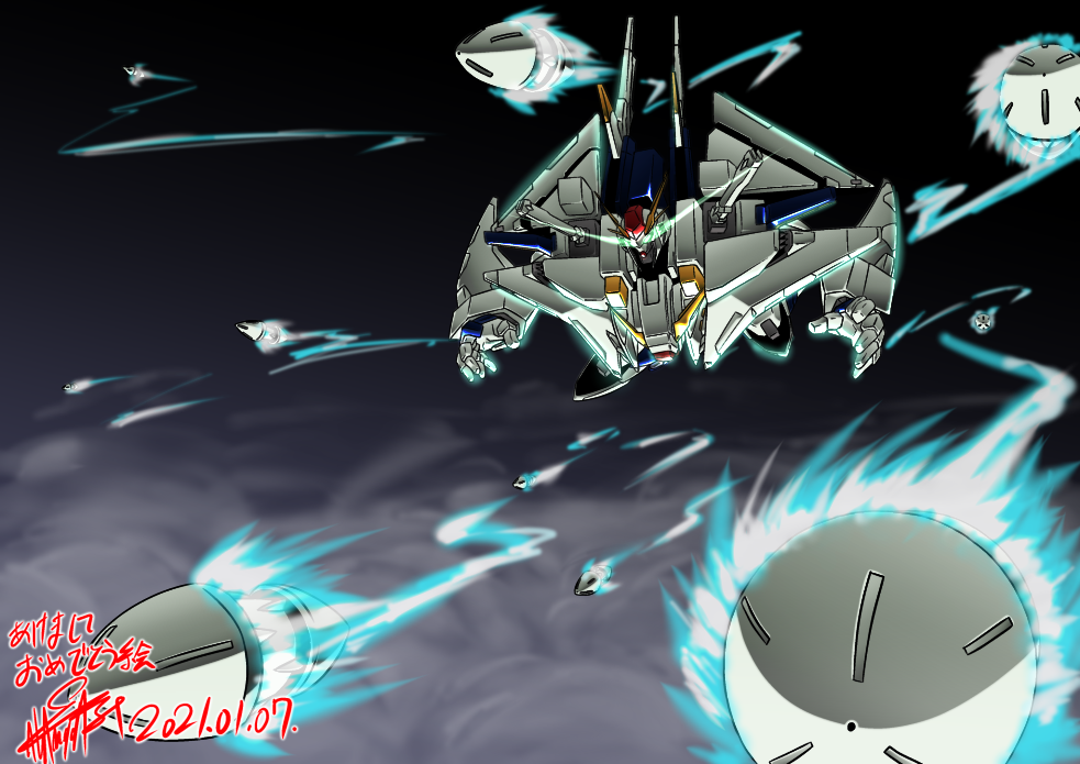 commentary_request dark_background dated flying funnels glowing glowing_eyes green_eyes gundam gundam_hathaway's_flash mecha missile mobile_suit no_humans science_fiction signature smoke solo v-fin weapon xi_gundam zzz_sakaz