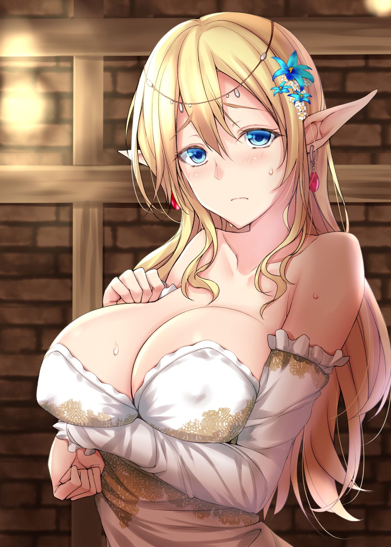 1girl bangs blue_eyes blue_flower blush breasts commentary_request covered_nipples detached_sleeves dress earrings elf flower hair_between_eyes hair_flower hair_ornament headdress highres jewelry kuurunaitsu large_breasts long_hair original pointy_ears solo strapless strapless_dress sweat upper_body white_dress