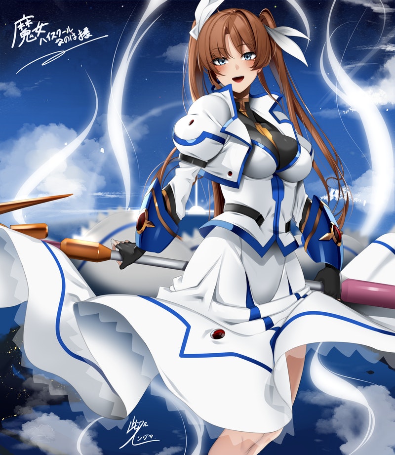 1girl :d black_gloves blue_eyes blue_sky bow breasts brown_hair check_copyright copyright_request doko_tetora fingerless_gloves flying gloves hair_bow holding juliet_sleeves long_hair long_sleeves looking_at_viewer lyrical_nanoha mahou_shoujo_lyrical_nanoha_strikers medium_breasts necktie night night_sky puffy_sleeves raising_heart signature skirt sky smile solo takamachi_nanoha takamachi_nanoha_(exceed_mode) twintails white_bow white_skirt yellow_necktie