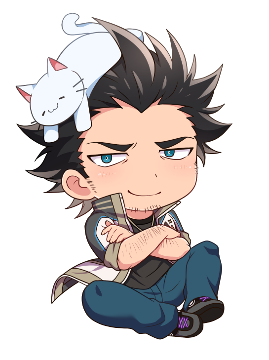 1boy animal_on_head arm_hair bara black_hair black_shirt blue_pants blush cat cat_on_head chibi closed_mouth commentary_request crossed_arms denim facial_hair full_body goatee grey_footwear indie_virtual_youtuber jacket jeans long_sideburns looking_at_viewer male_focus mature_male mikeyama_ginji nishikimaru on_head open_clothes open_jacket pants shirt shoes short_hair sideburns sleeves_rolled_up smile smug sneakers solo transparent_background virtual_youtuber white_cat