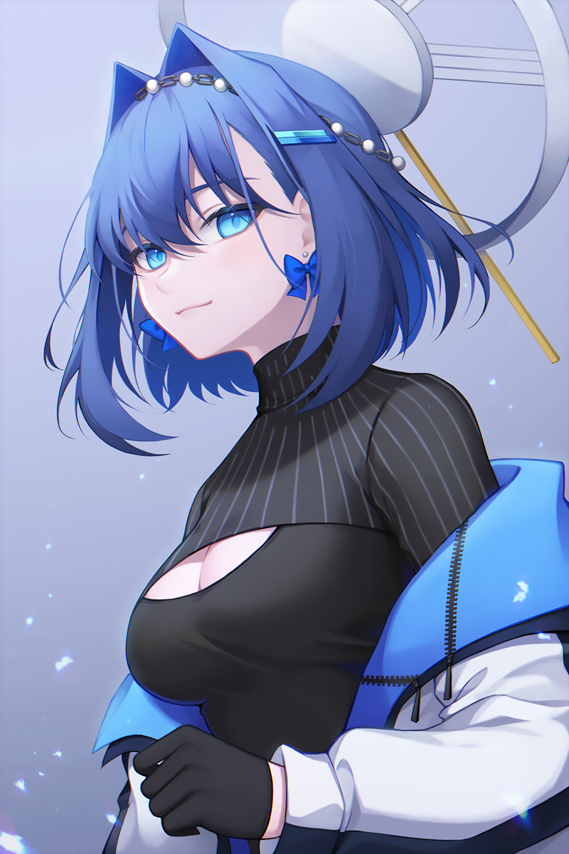 1girl bangs black_gloves black_shirt blue_bow blue_eyes blue_hair bow bow_earrings breasts chain cleavage cleavage_cutout closed_mouth clothing_cutout commentary earrings gloves hair_between_eyes hair_intakes hair_ornament hairclip head_chain highres hololive hololive_english jacket jewelry large_breasts long_sleeves looking_at_viewer mechanical_halo medium_breasts off_shoulder open_clothes open_jacket ouro_kronii pong_(vndn124) shirt short_hair simple_background solo striped turtleneck upper_body vertical_stripes virtual_youtuber white_jacket
