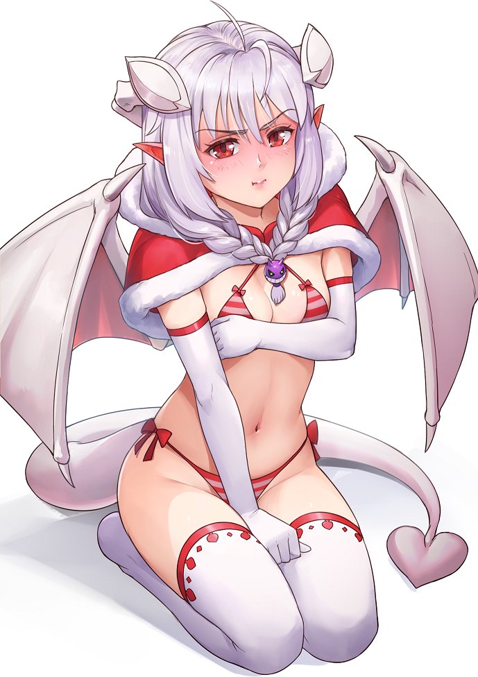 1girl :t bangs bikini braid breasts capelet commentary covering covering_breasts demon_girl demon_horns demon_tail demon_wings elbow_gloves english_commentary eyebrows_visible_through_hair full_body fur-trimmed_capelet fur_trim gloves horns lilim_(monster_girl_encyclopedia) long_sleeves looking_at_viewer maritan_(pixelmaritan) monster_girl_encyclopedia navel no_shoes original pointy_ears pout red_bikini red_capelet red_eyes runa_(maritan) seiza side-tie_bikini sitting small_breasts solo striped striped_bikini swimsuit tail thighhighs twin_braids v-shaped_eyebrows white_gloves white_hair white_legwear wings