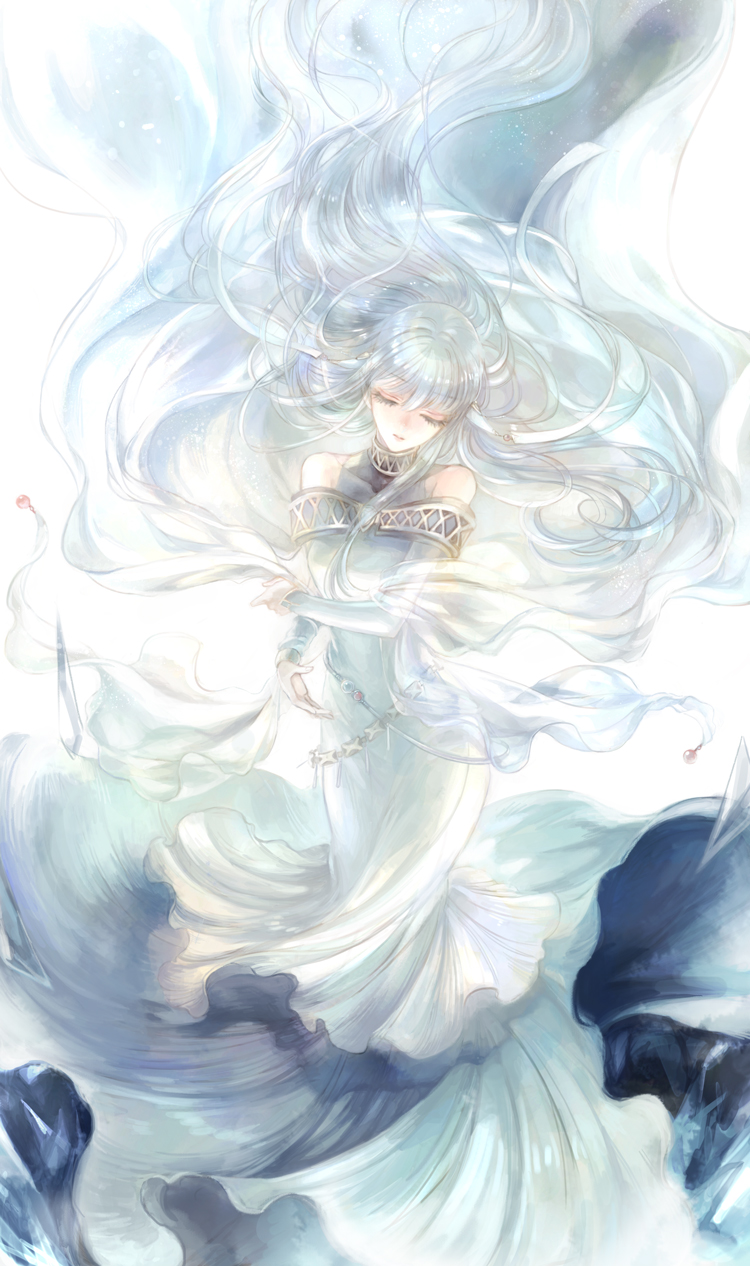 1girl closed_eyes closed_mouth detached_sleeves dress fire_emblem fire_emblem:_the_blazing_blade floating_hair highres kuzumosu layered_dress long_dress long_hair long_sleeves ninian_(fire_emblem) sash shiny shiny_hair silver_hair sleeveless sleeveless_dress solo very_long_hair white_dress white_sleeves