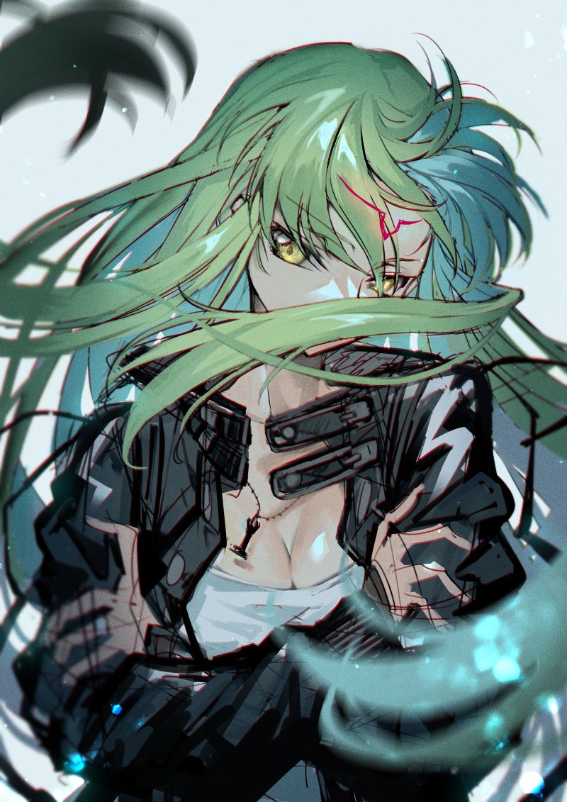1girl bangs black_jacket blurry blurry_foreground breasts c.c. cleavage code_geass commentary_request creayus crossed_arms eyebrows_visible_through_hair floating_hair green_hair hair_between_eyes hair_over_mouth jacket jewelry long_hair long_sleeves medium_breasts motion_blur necklace open_clothes open_jacket shirt sketch solo very_long_hair white_shirt yellow_eyes