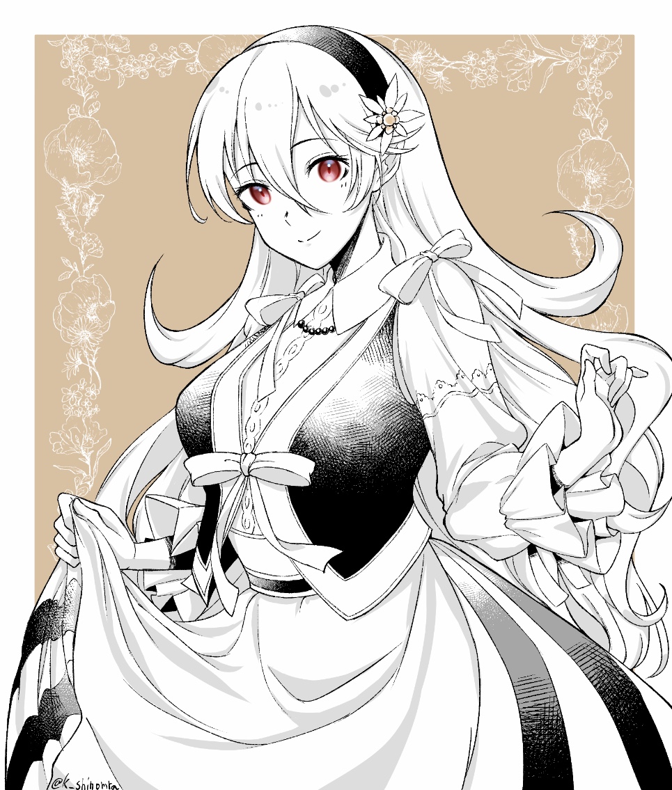 1girl alternate_costume apron apron_lift bangs black_hairband border brown_background closed_mouth corrin_(fire_emblem) corrin_(fire_emblem)_(female) eyebrows_visible_through_hair fire_emblem fire_emblem_fates floating_hair flower hair_between_eyes hair_flower hair_ornament hairband karashino lifted_by_self limited_palette long_hair long_skirt long_sleeves looking_at_viewer red_eyes sketch skirt smile solo twitter_username very_long_hair waist_apron white_border white_flower