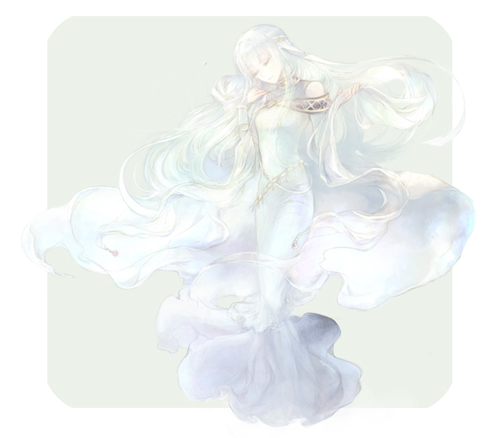 1girl border closed_eyes closed_mouth detached_sleeves dress fire_emblem fire_emblem:_the_blazing_blade floating_hair full_body grey_background head_tilt kuzumosu long_dress long_hair long_sleeves ninian_(fire_emblem) silver_hair sleeveless sleeveless_dress solo very_long_hair white_border white_dress white_sleeves