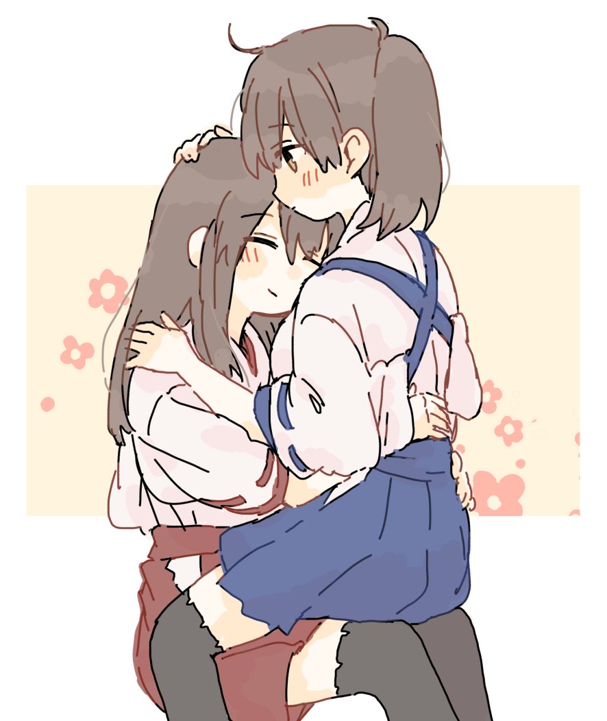 2girls akagi_(kancolle) black_legwear blue_hakama blush brown_eyes brown_hair closed_eyes closed_mouth commentary eyebrows_visible_through_hair floral_print hakama hand_on_another's_head hand_on_another's_shoulder hands_on_another's_hips ina_(1813576) japanese_clothes kaga_(kancolle) kantai_collection kimono long_hair multiple_girls ponytail red_hakama sitting sitting_on_person straight_hair symbol-only_commentary thighhighs white_kimono yuri