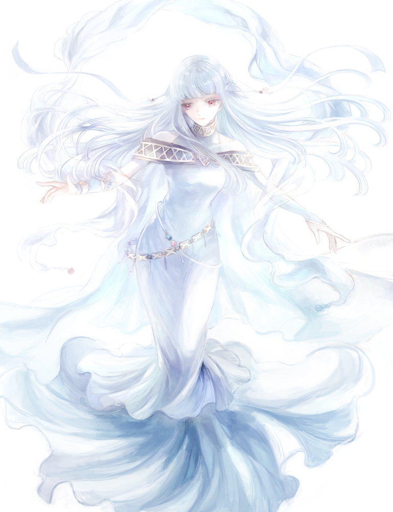 1girl bangs closed_mouth detached_sleeves dress fire_emblem fire_emblem:_the_blazing_blade floating_hair full_body kuzumosu layered_dress long_dress long_hair long_sleeves ninian_(fire_emblem) red_eyes sash silver_hair sleeveless sleeveless_dress solo standing very_long_hair white_background white_dress white_sleeves