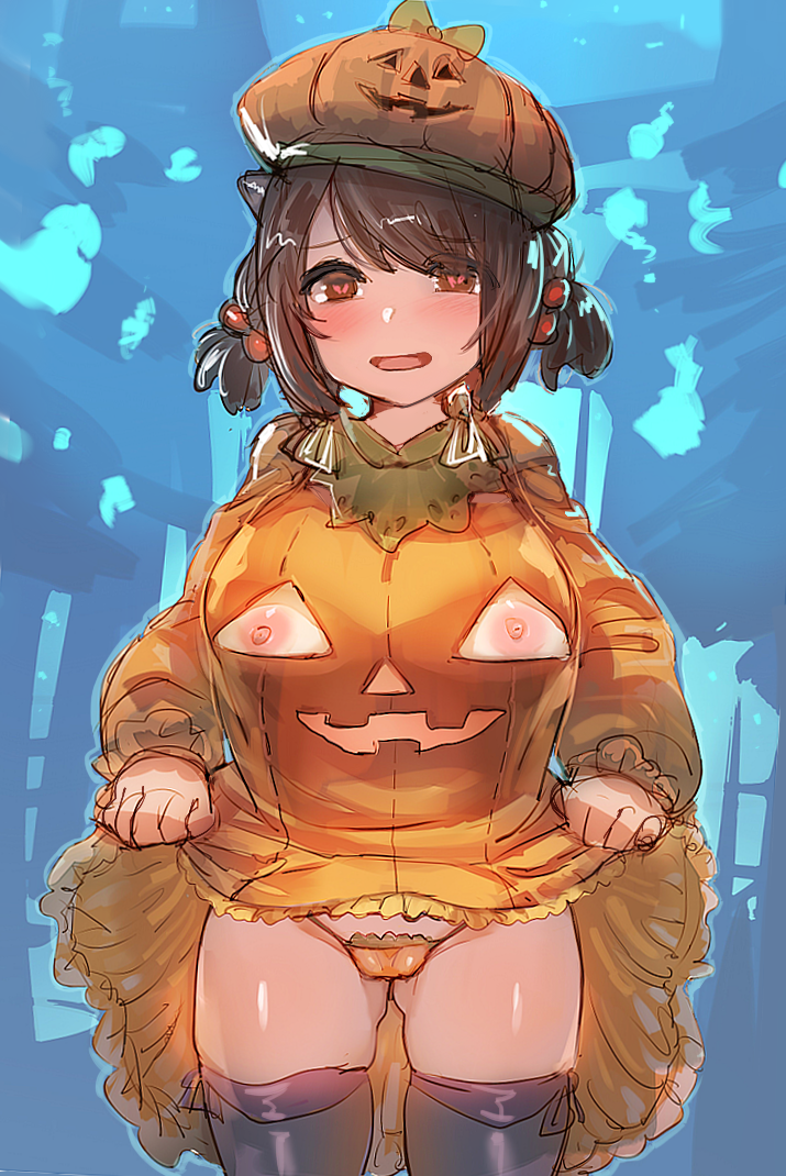 1girl bow_(bhp) clothes_lift commentary_request draph granblue_fantasy hair_ornament halloween halloween_costume hat heart heart-shaped_pupils nipple_cutout nipples orange_panties panties pumpkin_costume short_hair skirt skirt_lift symbol-shaped_pupils thighhighs twintails underwear yaia_(granblue_fantasy)