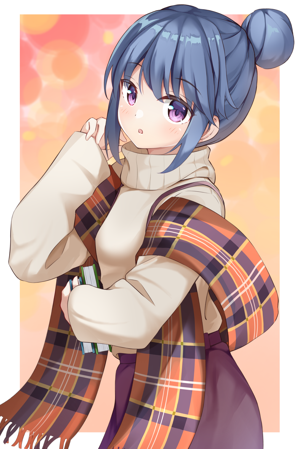 1girl :o bangs blue_hair blush book brown_sweater commentary_request eyebrows_visible_through_hair fringe_trim hair_bun hand_up highres holding holding_book keito4f long_sleeves looking_at_viewer parted_lips plaid purple_eyes purple_skirt shawl shima_rin sidelocks skirt sleeves_past_wrists solo sweater turtleneck turtleneck_sweater yurucamp