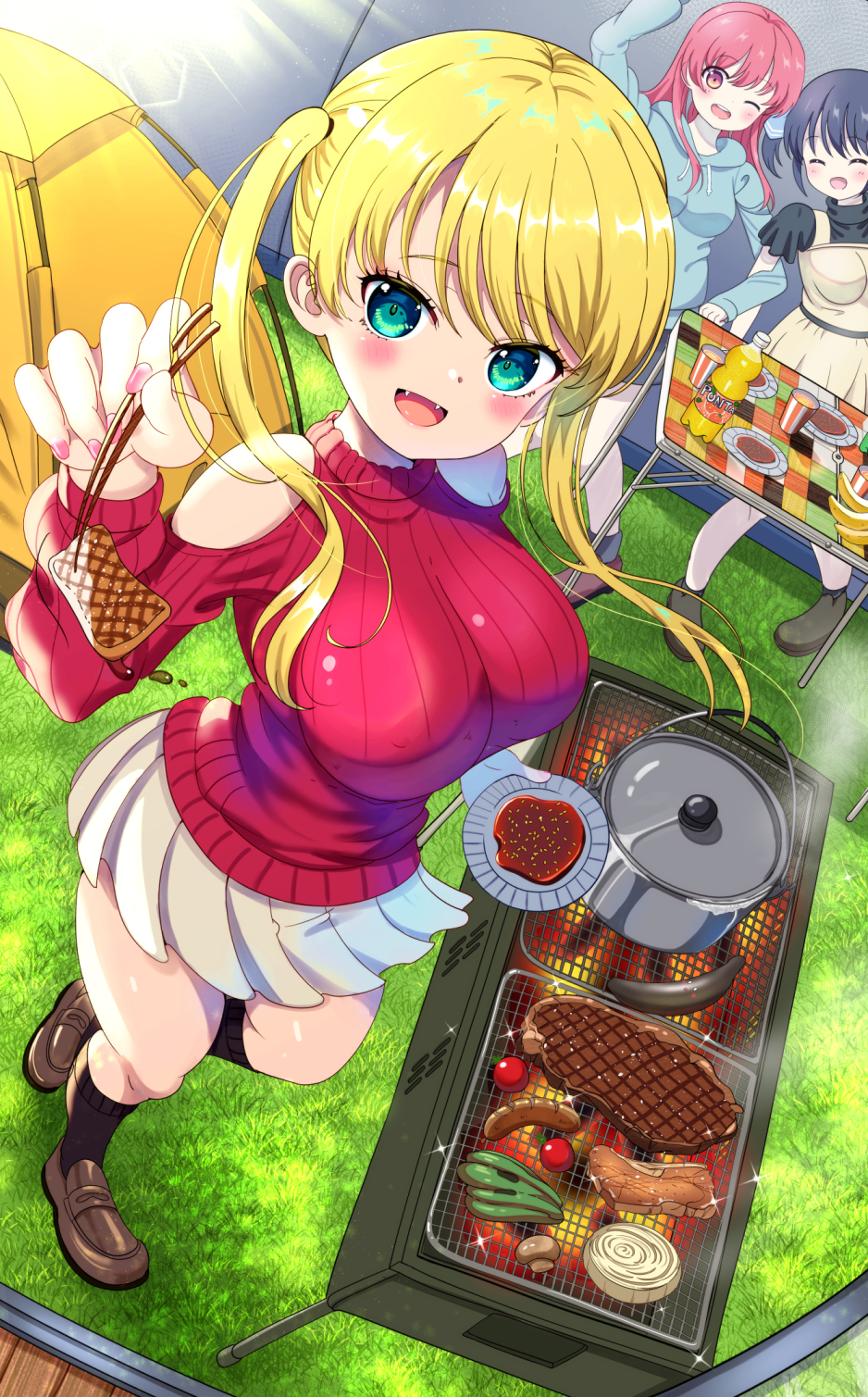 3girls :d ^_^ azumi_(mocha) bangs bare_shoulders black_legwear blonde_hair blue_hair blush breasts brown_footwear camping chopsticks closed_eyes clothing_cutout cooking covered_nipples dutch_angle fangs feeding folding_table food from_above grass green_eyes grilling halterneck highres holding holding_chopsticks hood hoodie hoshizaki_rika_(kanojo_mo_kanojo) impossible_clothes impossible_sweater incoming_food kanojo_mo_kanojo kneehighs large_breasts loafers long_hair long_sleeves looking_at_viewer meat minase_nagisa miniskirt multiple_girls nail_polish off-shoulder_sweater off_shoulder one_eye_closed open_mouth outdoors pink_eyes pink_hair pink_nails pleated_skirt pot red_sweater ribbed_sweater saki_saki_(kanojo_mo_kanojo) sauce sausage school_uniform shoes shoulder_cutout skirt smile solo_focus sparkle steak sweater swept_bangs tent thighs tsurime twintails uniform vegetable white_skirt
