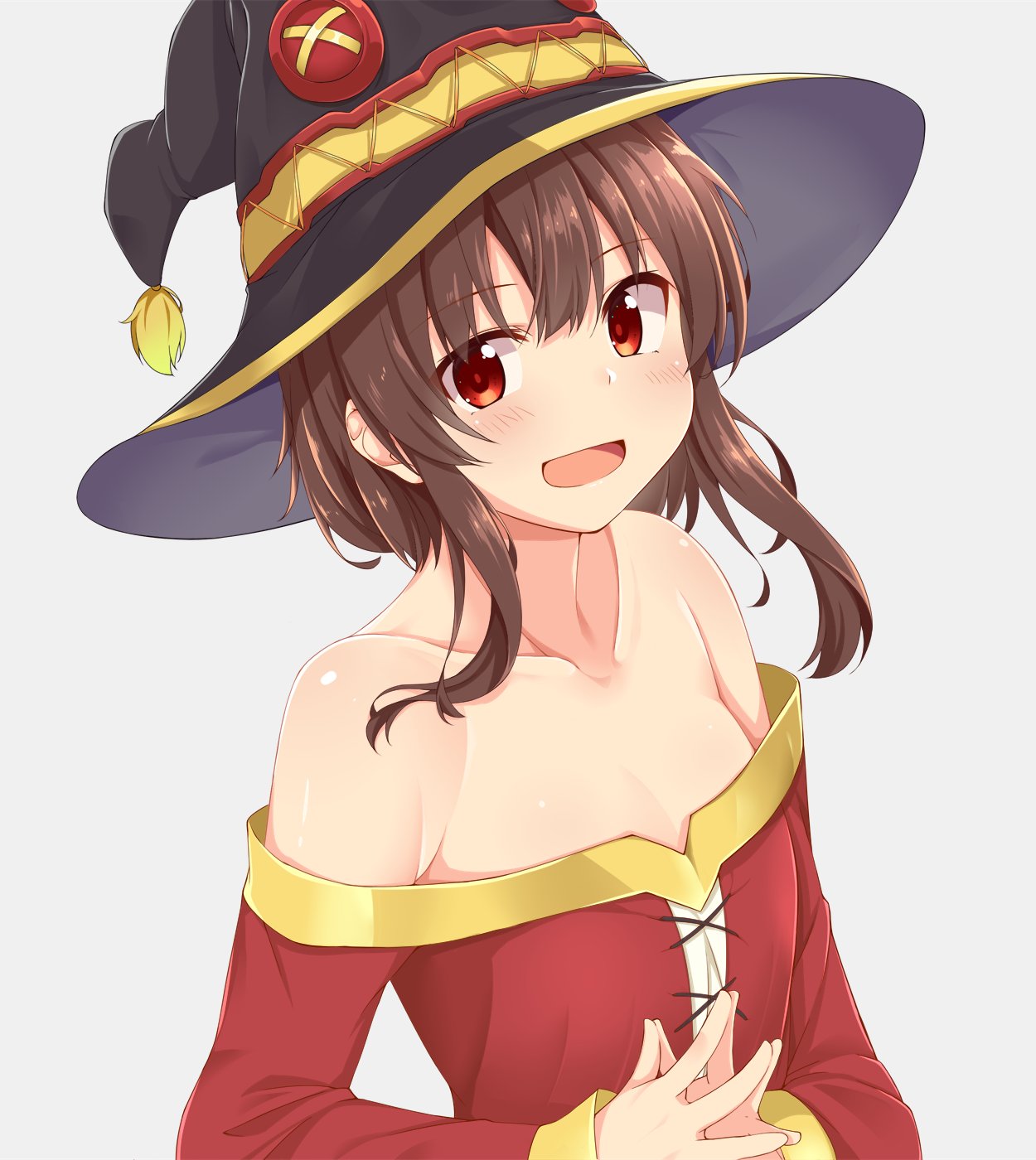 1girl :d bangs bare_shoulders blush brown_hair collarbone commentary_request dou-t dress eyebrows_visible_through_hair hat highres kono_subarashii_sekai_ni_shukufuku_wo! looking_at_viewer megumin off-shoulder_dress off_shoulder open_mouth red_dress red_eyes short_hair sidelocks simple_background smile solo white_background witch_hat