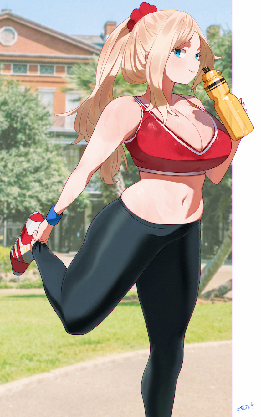 1girl :3 bangs bare_shoulders blonde_hair blurry blurry_background blush bottle bra breasts cleavage collarbone commentary curvy english_commentary feet_out_of_frame forehead highres huge_breasts leg_lift long_hair looking_at_viewer low_neckline miami-chan_(ryusei_hashida) midriff navel nose original outdoors outside_border pants red_bra ryusei_hashida sidelocks sideways_glance signature smile solo sports_bra stretch swept_bangs thighs tight tight_pants underwear water_bottle wet yoga_pants