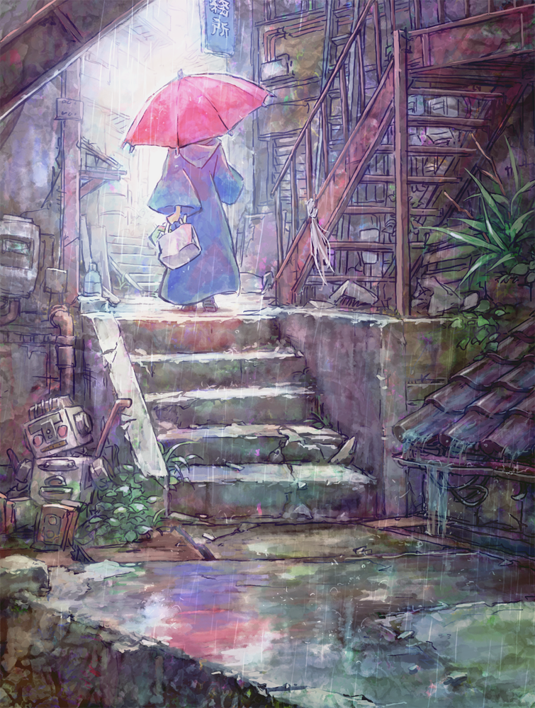 1girl bag commentary dress junpei_(juntonanotukunanika) leaf original plant rain scenery stairs umbrella walking