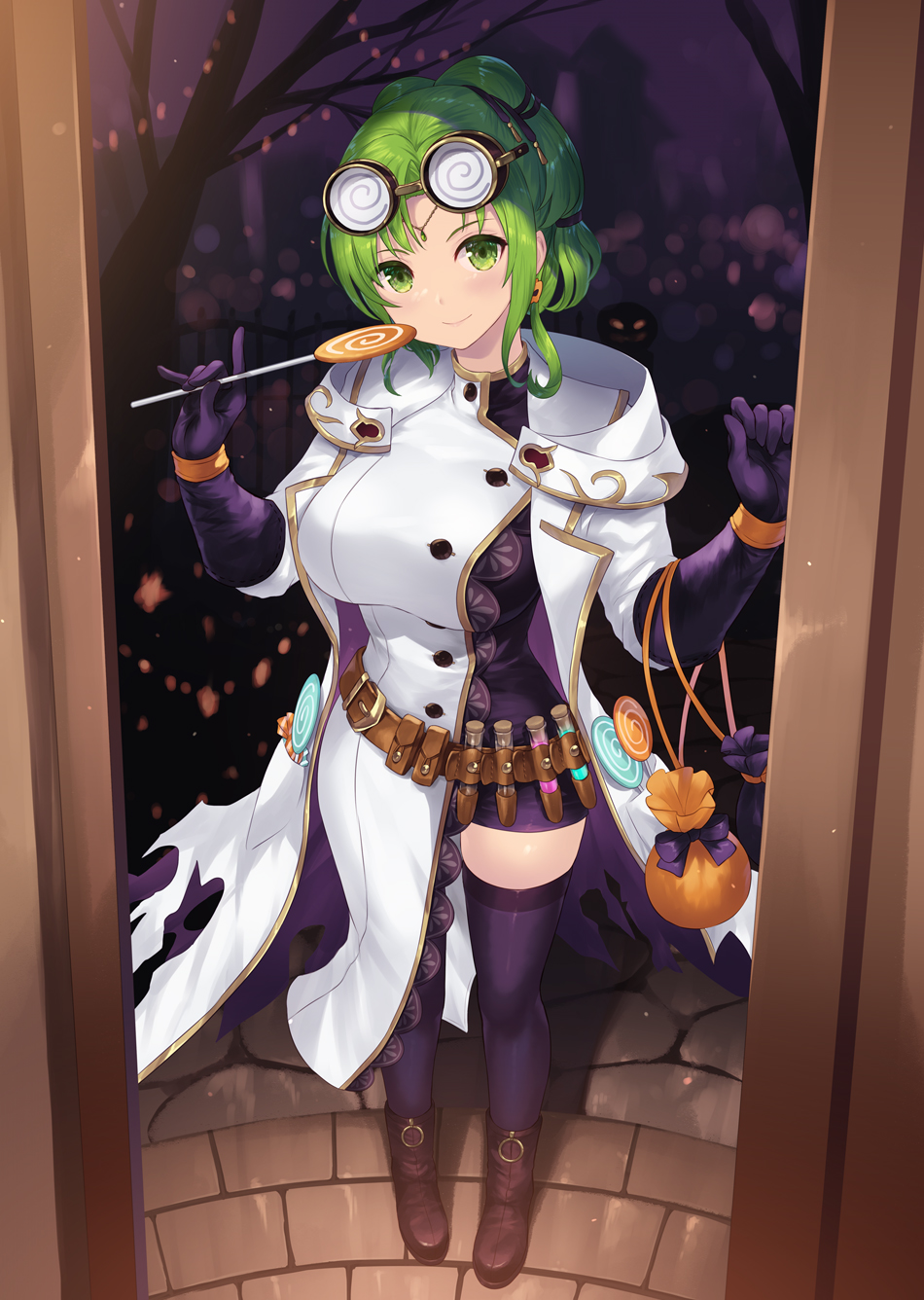 1girl alternate_costume bangs belt blush boots breasts brown_footwear cait_aron candy closed_mouth commentary doorway dress earrings fire_emblem fire_emblem:_the_sacred_stones fire_emblem_heroes food full_body gloves goggles goggles_on_head green_eyes green_hair halloween halloween_costume highres jack-o'-lantern jack-o'-lantern_earrings jewelry l'arachel_(fire_emblem) large_breasts lollipop looking_at_viewer official_alternate_costume ponytail purple_dress purple_gloves purple_legwear skindentation smile solo standing test_tube thighhighs zettai_ryouiki
