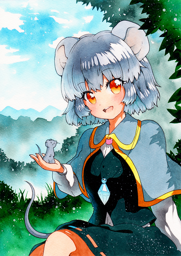 1girl animal_ears animal_on_hand bangs black_skirt black_vest blue_sky buttons capelet crystal eyebrows_visible_through_hair grass grey_capelet grey_hair jewelry layered_clothing long_sleeves looking_at_viewer mouse mouse_ears mouse_girl mouse_on_hand mouse_tail multicolored_eyes nazrin orange_eyes outdoors pendant qqqrinkappp shirt short_hair skirt sky tail touhou traditional_media vest white_shirt